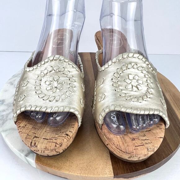 Jack Rogers Leather Gold Slip on Whipstitch Mid Stacked Cork Wedge Sandals 8 - Picture 5 of 10